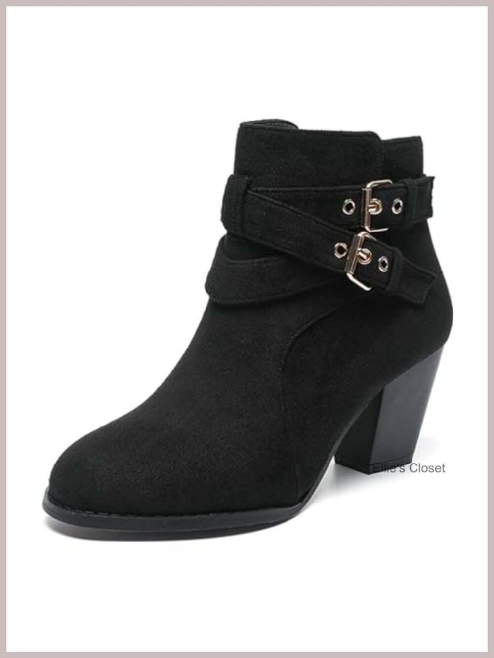Women's Suede Ankle Boots Chunky Block Heel Double Buckle Side Zip